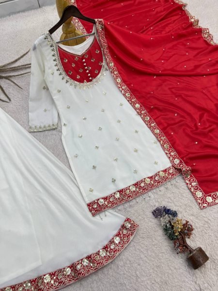 Stylish Red Ready to Wear Chinon Silk Embroidered Top Palazzo with Dupatta Ready To Wear Collection