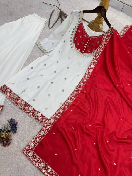 Stylish Red Ready to Wear Chinon Silk Embroidered Top Palazzo with Dupatta Ready To Wear Collection