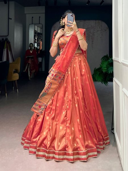 Stylish Red Shimmer Zari Weaving Lehenga Choli with Pearl Dupatta for Weddings  Lehenga