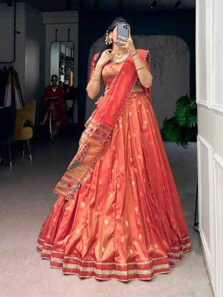 Stylish Red Shimmer Zari Weaving Lehenga Choli with Pearl Dupatta for Weddings Half Saree Lehenga