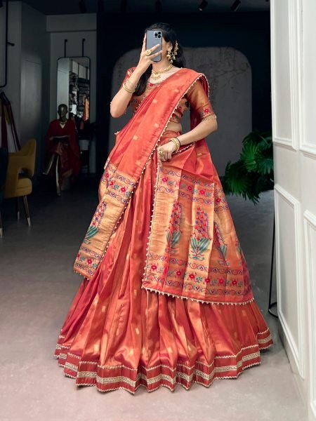 Stylish Red Shimmer Zari Weaving Lehenga Choli with Pearl Dupatta for Weddings Half Saree Lehenga