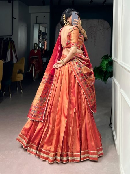 Stylish Red Shimmer Zari Weaving Lehenga Choli with Pearl Dupatta for Weddings Half Saree Lehenga