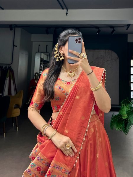 Stylish Red Shimmer Zari Weaving Lehenga Choli with Pearl Dupatta for Weddings Half Saree Lehenga