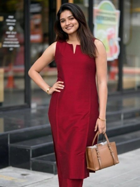 Stylish Roman Red Silk Ethnic Kurti Pant Set with Pocket and Comfortable Full Lining for Daily Wear Kurtis
