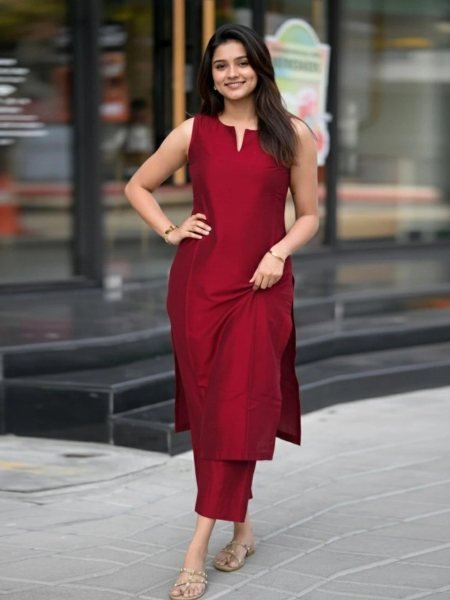 Stylish Roman Red Silk Ethnic Kurti Pant Set with Pocket and Comfortable Full Lining for Daily Wear Kurti With Bottom Wholesale