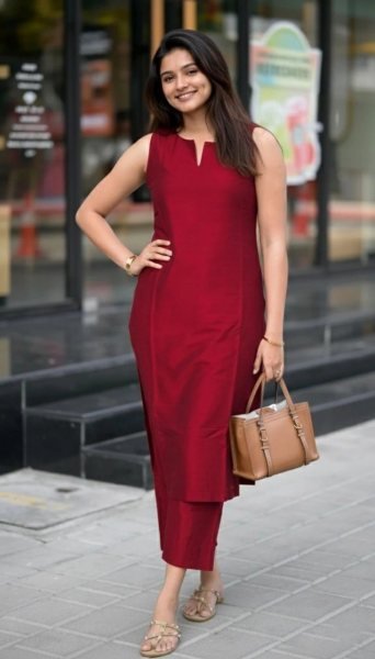 Stylish Roman Red Silk Ethnic Kurti Pant Set with Pocket and Comfortable Full Lining for Daily Wear Kurti With Bottom Wholesale