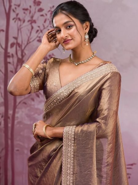 Stylish Rose Gold Designer Space Silk Saree with Matching Embroidered Blouse Sarees 