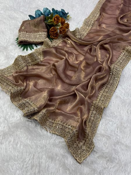 Stylish Rose Gold Designer Space Silk Saree with Matching Embroidered Blouse Silk Sarees Wholesale