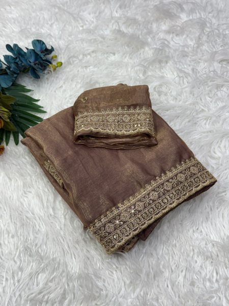 Stylish Rose Gold Designer Space Silk Saree with Matching Embroidered Blouse Silk Sarees Wholesale