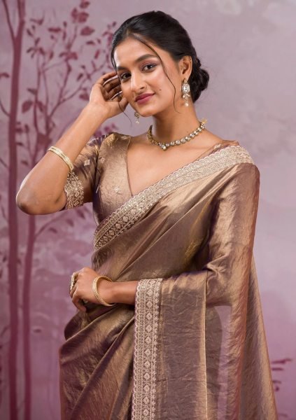 Stylish Rose Gold Designer Space Silk Saree with Matching Embroidered Blouse Silk Sarees Wholesale