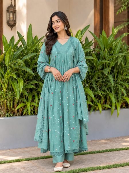 Stylish Sky Blue Designer Pure Mal Chanderi Anarkali Suit Set with Chikankari Lace at Wholesale Rate Kurtis