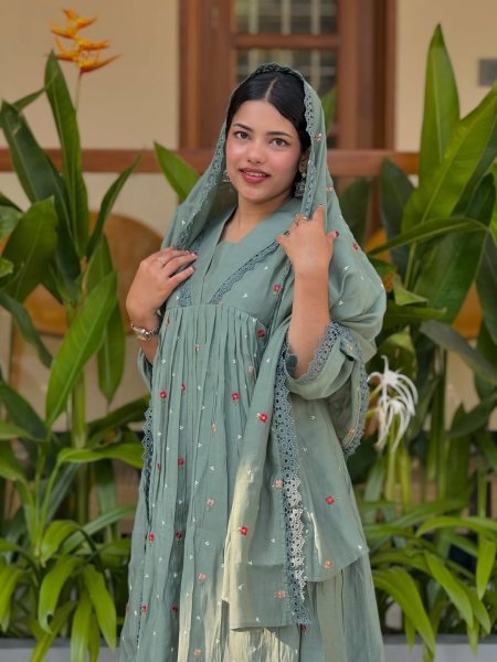 Stylish Sky Blue Designer Pure Mal Chanderi Anarkali Suit Set with Chikankari Lace at Wholesale Rate Anarkali Kurtis 
