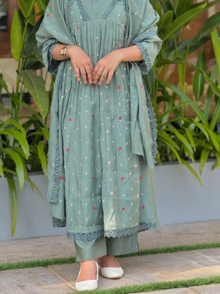 Stylish Sky Blue Designer Pure Mal Chanderi Anarkali Suit Set with Chikankari Lace at Wholesale Rate Anarkali Kurtis 