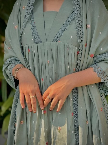 Stylish Sky Blue Designer Pure Mal Chanderi Anarkali Suit Set with Chikankari Lace at Wholesale Rate Anarkali Kurtis 