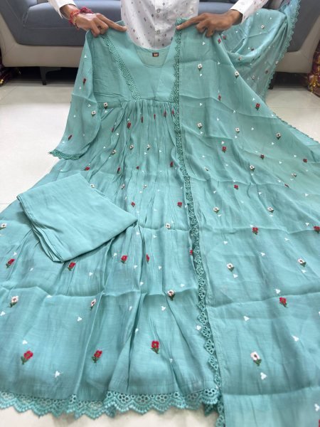 Stylish Sky Blue Designer Pure Mal Chanderi Anarkali Suit Set with Chikankari Lace at Wholesale Rate Anarkali Kurtis 