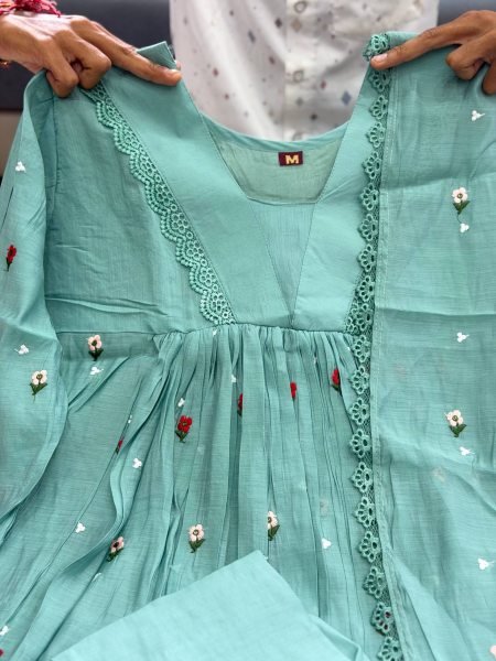 Stylish Sky Blue Designer Pure Mal Chanderi Anarkali Suit Set with Chikankari Lace at Wholesale Rate Anarkali Kurtis 