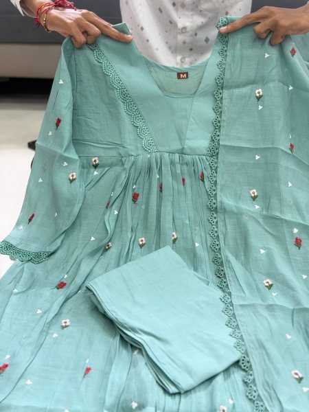 Stylish Sky Blue Designer Pure Mal Chanderi Anarkali Suit Set with Chikankari Lace at Wholesale Rate Anarkali Kurtis 