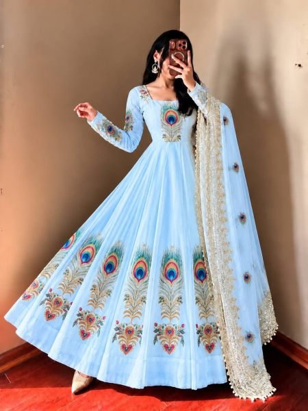 Stylish Sky Blue Fendy Silk Peacock Print Gown with Embroidered Dupatta at Wholesale Rate Ready To Wear Suit