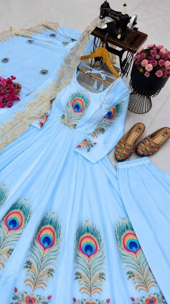 Stylish Sky Blue Fendy Silk Peacock Print Gown with Embroidered Dupatta at Wholesale Rate Ready To Wear Collection