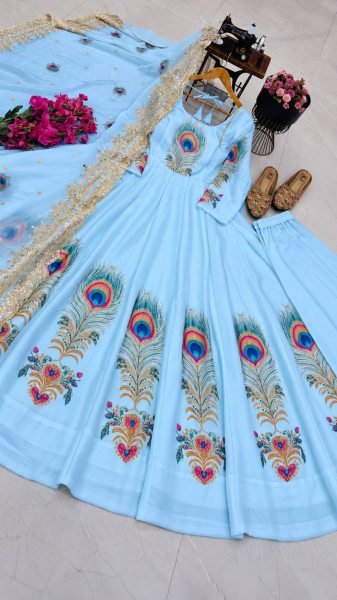 Stylish Sky Blue Fendy Silk Peacock Print Gown with Embroidered Dupatta at Wholesale Rate Ready To Wear Collection
