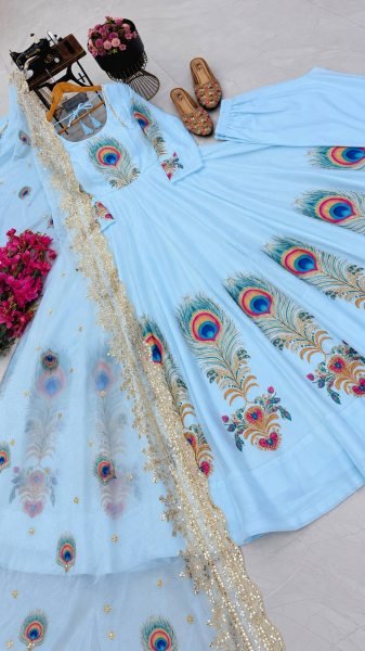 Stylish Sky Blue Fendy Silk Peacock Print Gown with Embroidered Dupatta at Wholesale Rate Ready To Wear Collection