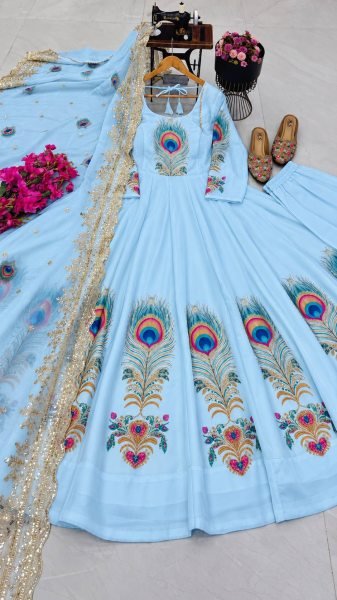 Stylish Sky Blue Fendy Silk Peacock Print Gown with Embroidered Dupatta at Wholesale Rate Ready To Wear Collection