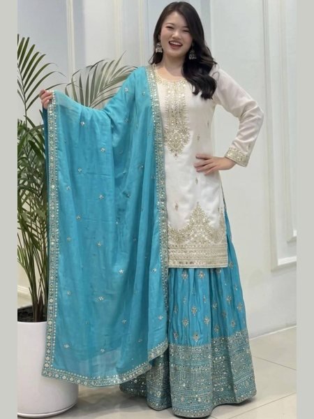 Stylish Sky Blue Pure Chinon Silk Palazzo Suit with 5MM Sequins Embroidery Work 