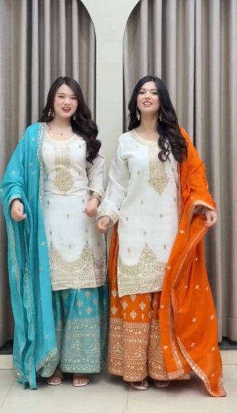 Stylish Sky Blue Pure Chinon Silk Palazzo Suit with 5MM Sequins Embroidery Work Ready To Wear Collection