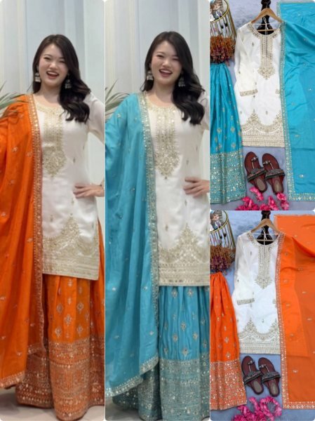 Stylish Sky Blue Pure Chinon Silk Palazzo Suit with 5MM Sequins Embroidery Work Ready To Wear Collection