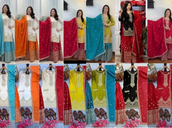 Stylish Sky Blue Pure Chinon Silk Palazzo Suit with 5MM Sequins Embroidery Work Ready To Wear Collection