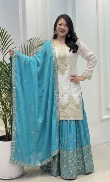 Stylish Sky Blue Pure Chinon Silk Palazzo Suit with 5MM Sequins Embroidery Work Ready To Wear Collection