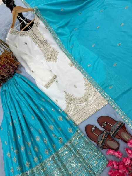 Stylish Sky Blue Pure Chinon Silk Palazzo Suit with 5MM Sequins Embroidery Work Ready To Wear Collection