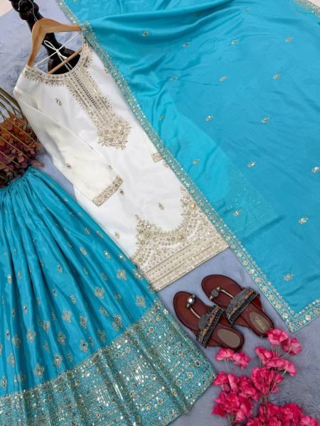 Stylish Sky Blue Pure Chinon Silk Palazzo Suit with 5MM Sequins Embroidery Work Ready To Wear Collection