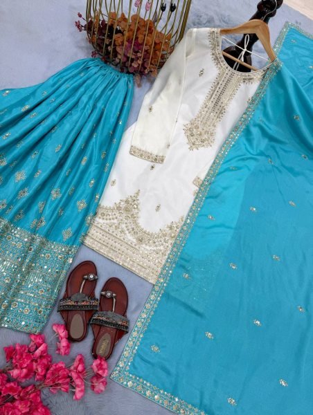 Stylish Sky Blue Pure Chinon Silk Palazzo Suit with 5MM Sequins Embroidery Work Ready To Wear Collection