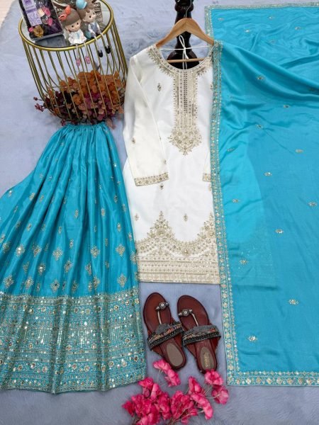 Stylish Sky Blue Pure Chinon Silk Palazzo Suit with 5MM Sequins Embroidery Work Ready To Wear Collection