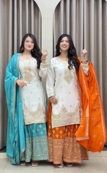 Stylish Sky Blue Pure Chinon Silk Palazzo Suit with 5MM Sequins Embroidery Work Ready To Wear Collection