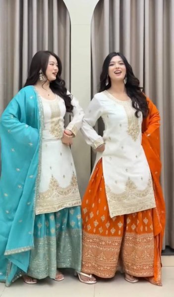 Stylish Sky Blue Pure Chinon Silk Palazzo Suit with 5MM Sequins Embroidery Work Ready To Wear Collection