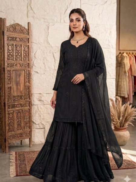 Stylish Strong Black Georgette Sequence Embroidered Top Sarara Set with Dupatta Ready To Wear Suit