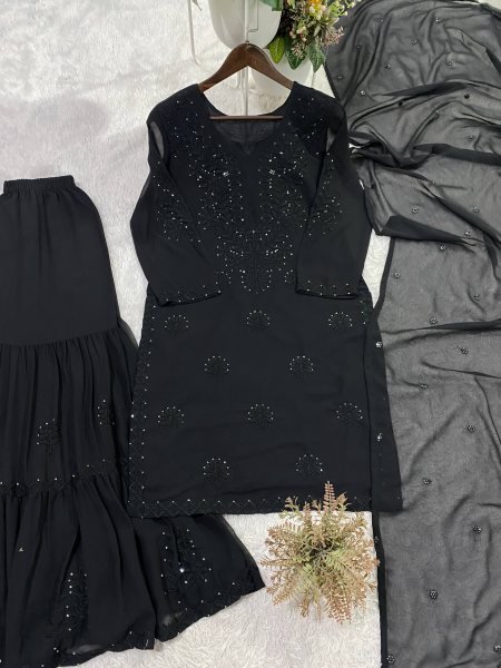 Stylish Strong Black Georgette Sequence Embroidered Top Sarara Set with Dupatta Ready To Wear Collection