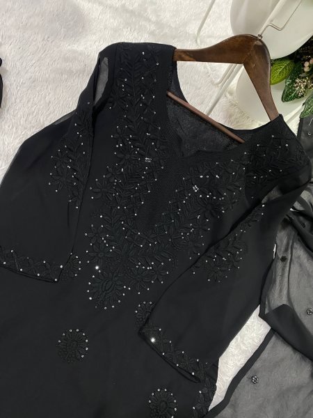 Stylish Strong Black Georgette Sequence Embroidered Top Sarara Set with Dupatta Ready To Wear Collection