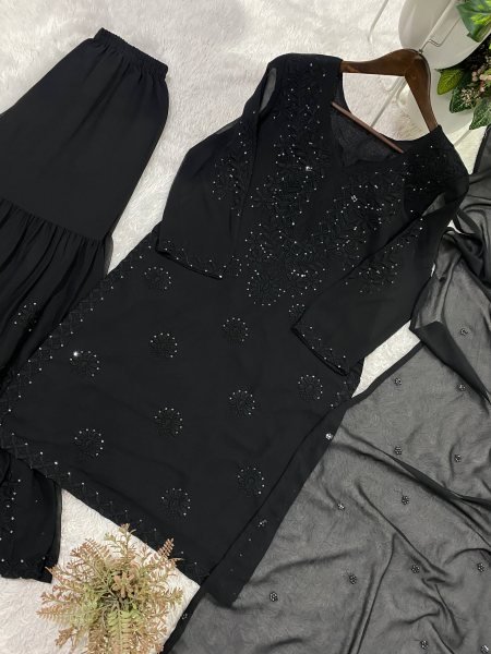Stylish Strong Black Georgette Sequence Embroidered Top Sarara Set with Dupatta Ready To Wear Collection