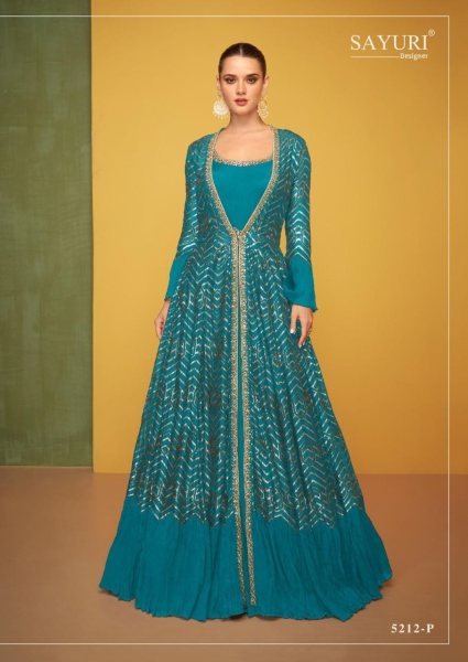 Stylish Teal Blue Art Silk Anarkali Gown Suit From Sayuri Designer Wedding Bridal Dress Wholesale