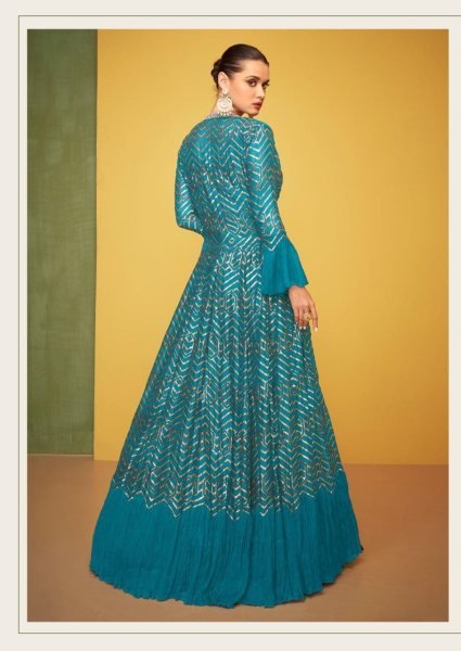 Stylish Teal Blue Art Silk Anarkali Gown Suit From Sayuri Designer Wedding Bridal Dress Wholesale