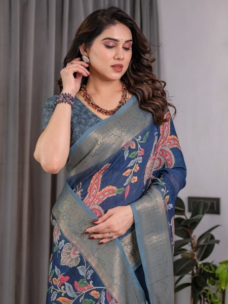 Stylish Teal Blue Digital Floral Linen Saree with Tassel Pallu at Low Price