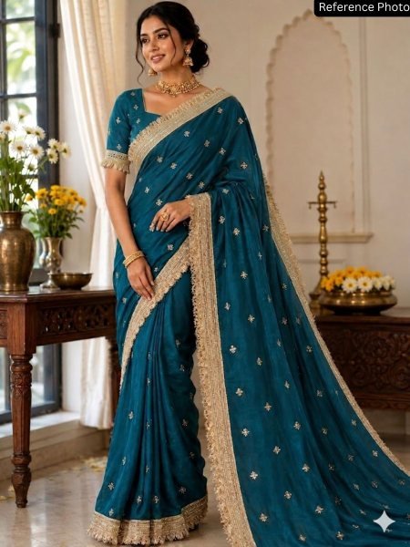 Stylish Teal Blue Fendy Satin Saree with Rich Embroidery Work for Boutique Buyers 