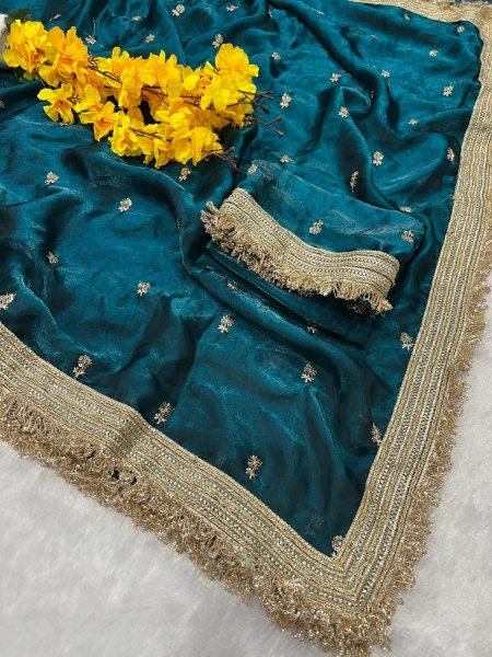 Stylish Teal Blue Fendy Satin Saree with Rich Embroidery Work for Boutique Buyers Silk Sarees Wholesale