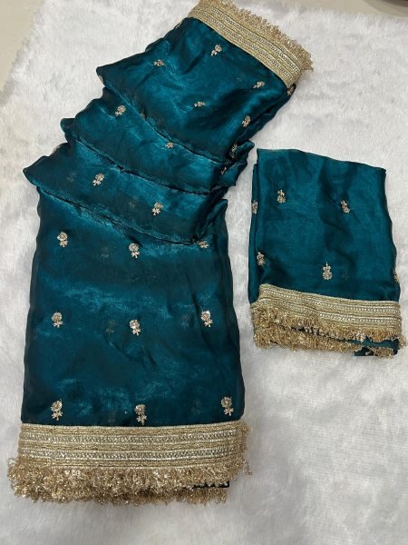 Stylish Teal Blue Fendy Satin Saree with Rich Embroidery Work for Boutique Buyers Silk Sarees Wholesale