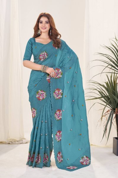 Stylish Teal Blue Gold Crush Silk Saree with Embroidery Work for Weddings Silk Sarees Wholesale
