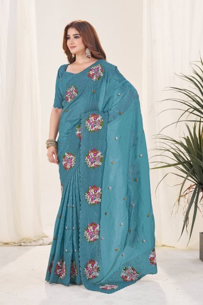 Stylish Teal Blue Gold Crush Silk Saree with Embroidery Work for Weddings Silk Sarees Wholesale