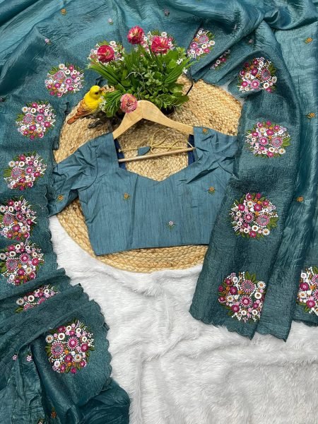 Stylish Teal Blue Gold Crush Silk Saree with Embroidery Work for Weddings Silk Sarees Wholesale